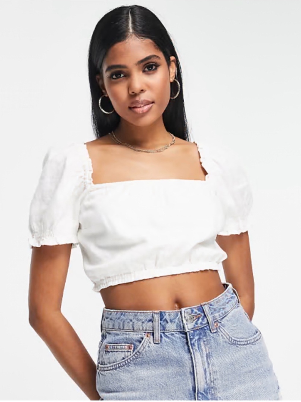 Abercrombie & Fitch White Square-Neck Puff Sleeve Crop Top